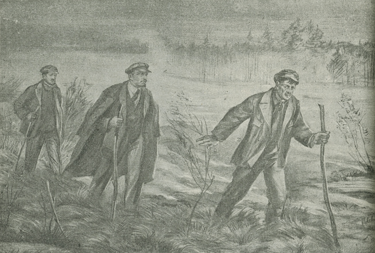 Illustration of V.I. Lenin and companions walking near a forest fire