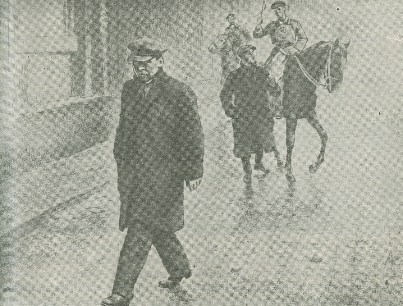 Excerpt from a drawing showing mounted Cadets approaching Eino Rahja and Lenin