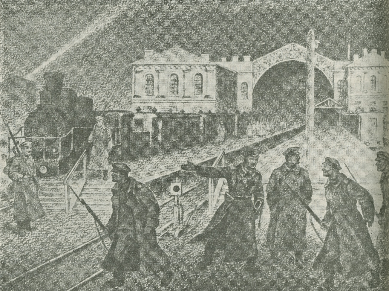 Excerpt from a drawing showing troops of the Military Revolutionary Committee capturing the Baltic Station