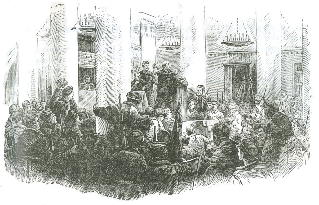 Block print of V. I. Lenin speaking to the Second All-Russian Congress of Soviets