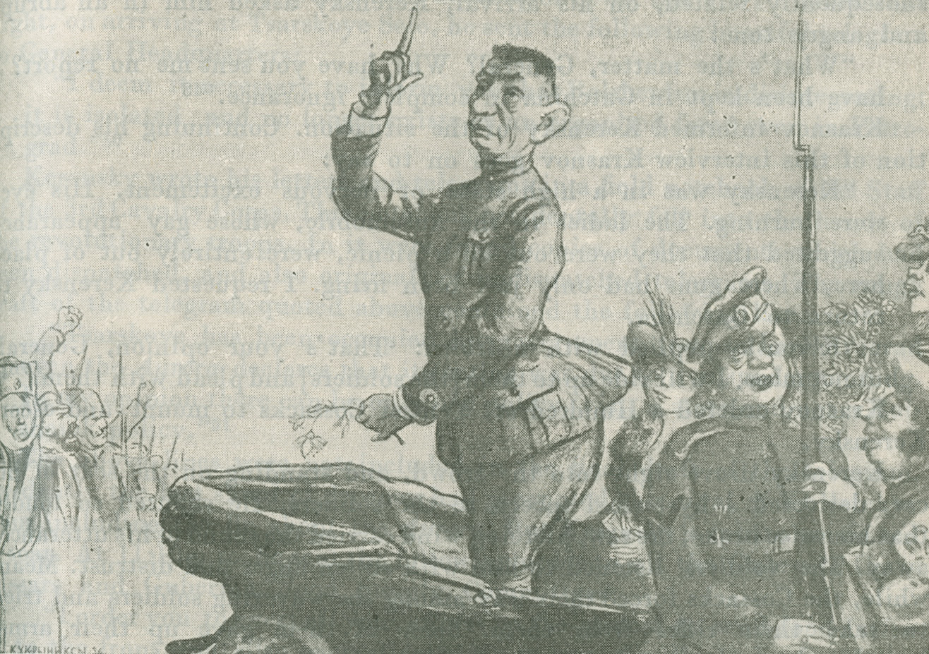 Painting excerpt depicting Lenin and Stalin speaking with others around a table at the Headquarters of Defense