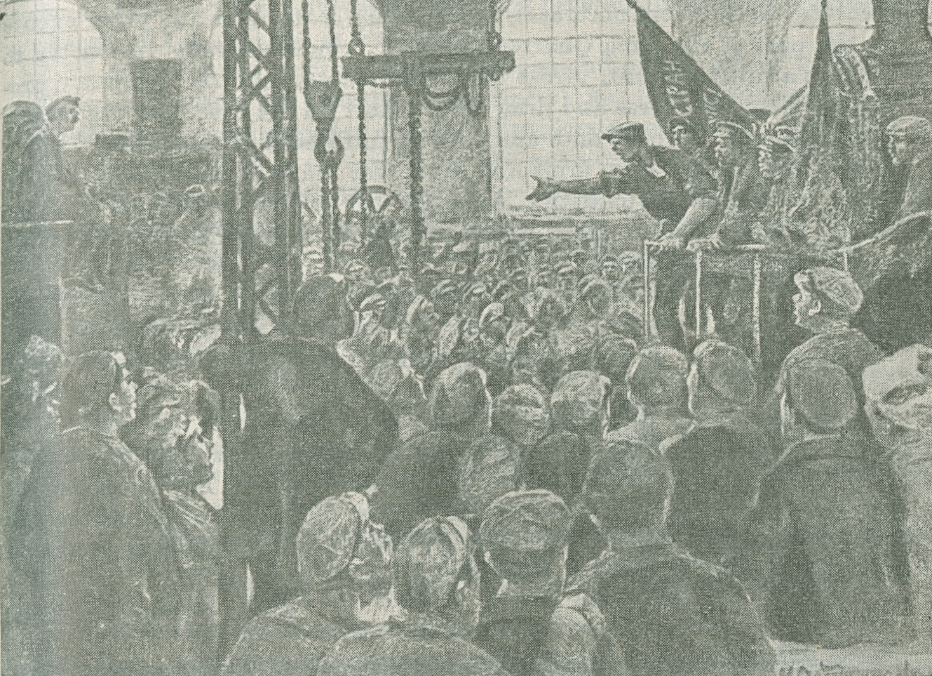 Illustration depicting workers assembled for a mass meeting in a workshop, with one person delivering a speech with arm outstretched