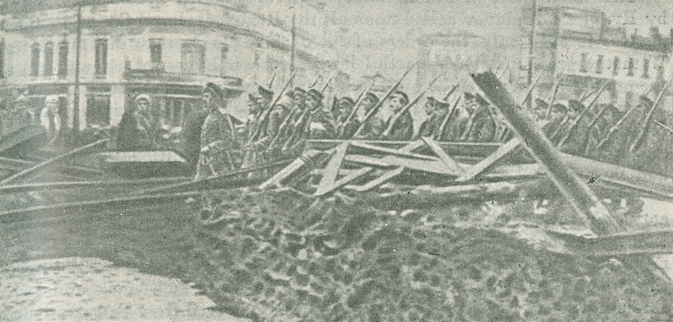 Photograph of a Whiteguard detachment marching in the Arbat Square