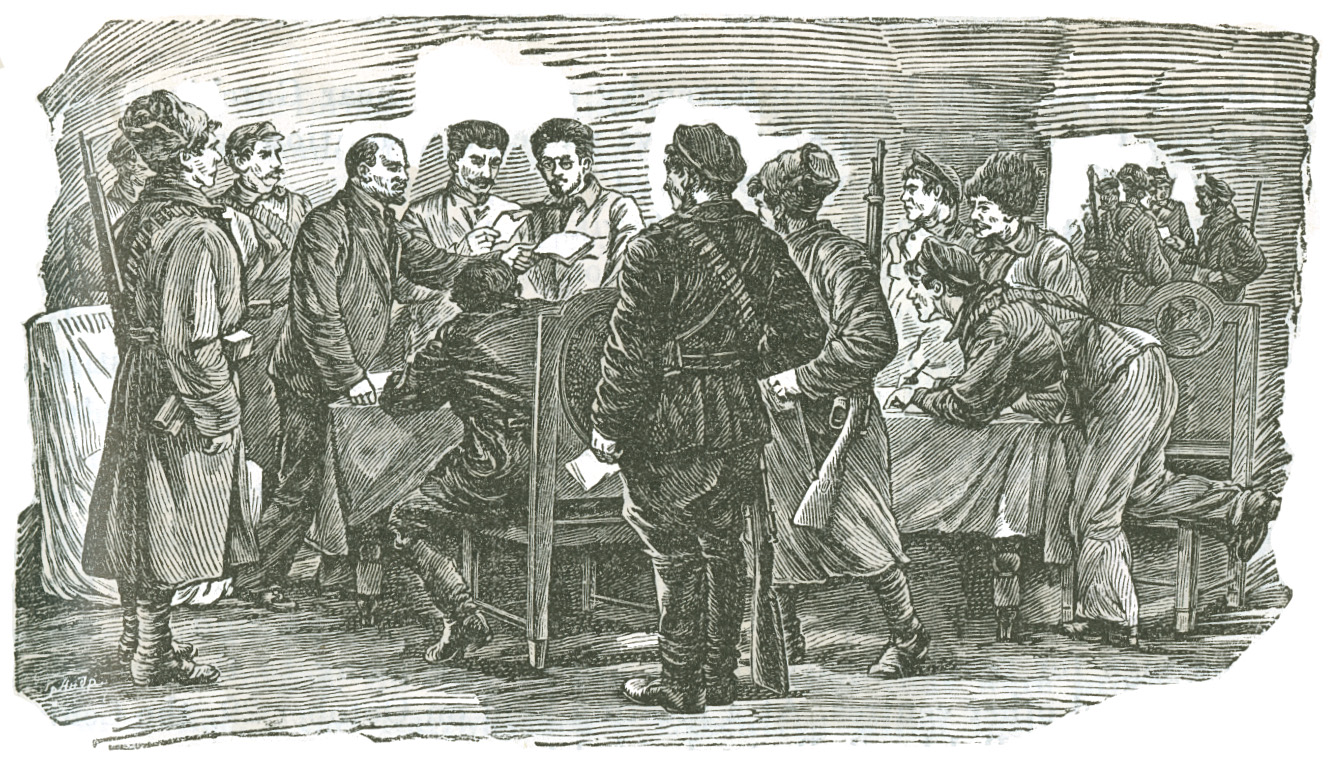 Block print of Bolshevik leaders, soldiers, and others talking with each other while standing around a table