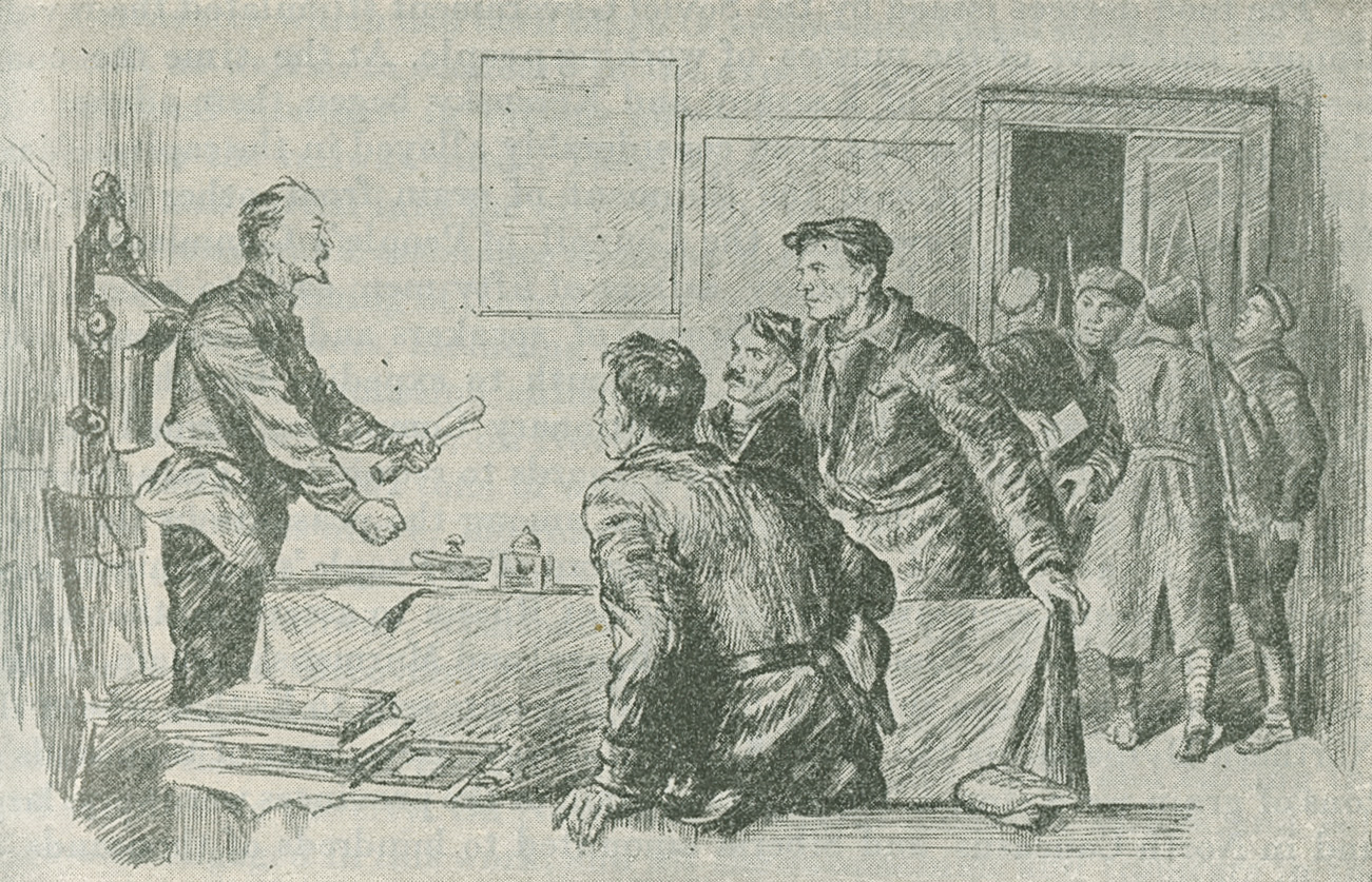 Excerpt from a drawing showing Dzerzhinsky speaking to Commissars of the Military Revolutionary Committee